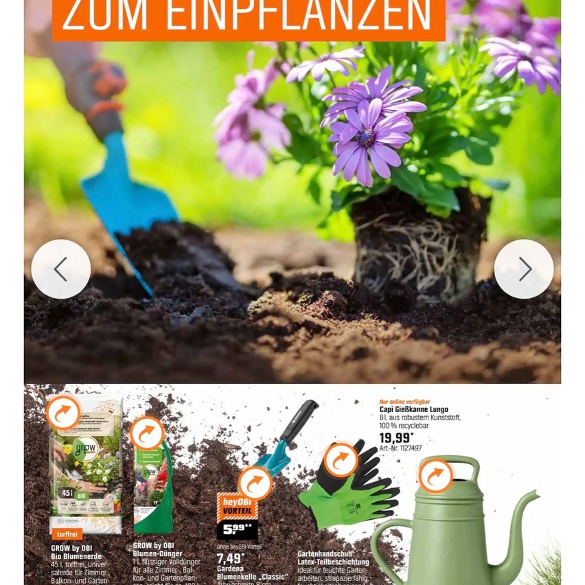 Werbung für Gartenprodukte. Eine Person pflanzt Blumen mit dem Text 'Zum Einpflanzen'. Unten sind Gartenwerkzeuge und eine Topfpflanze abgebildet.