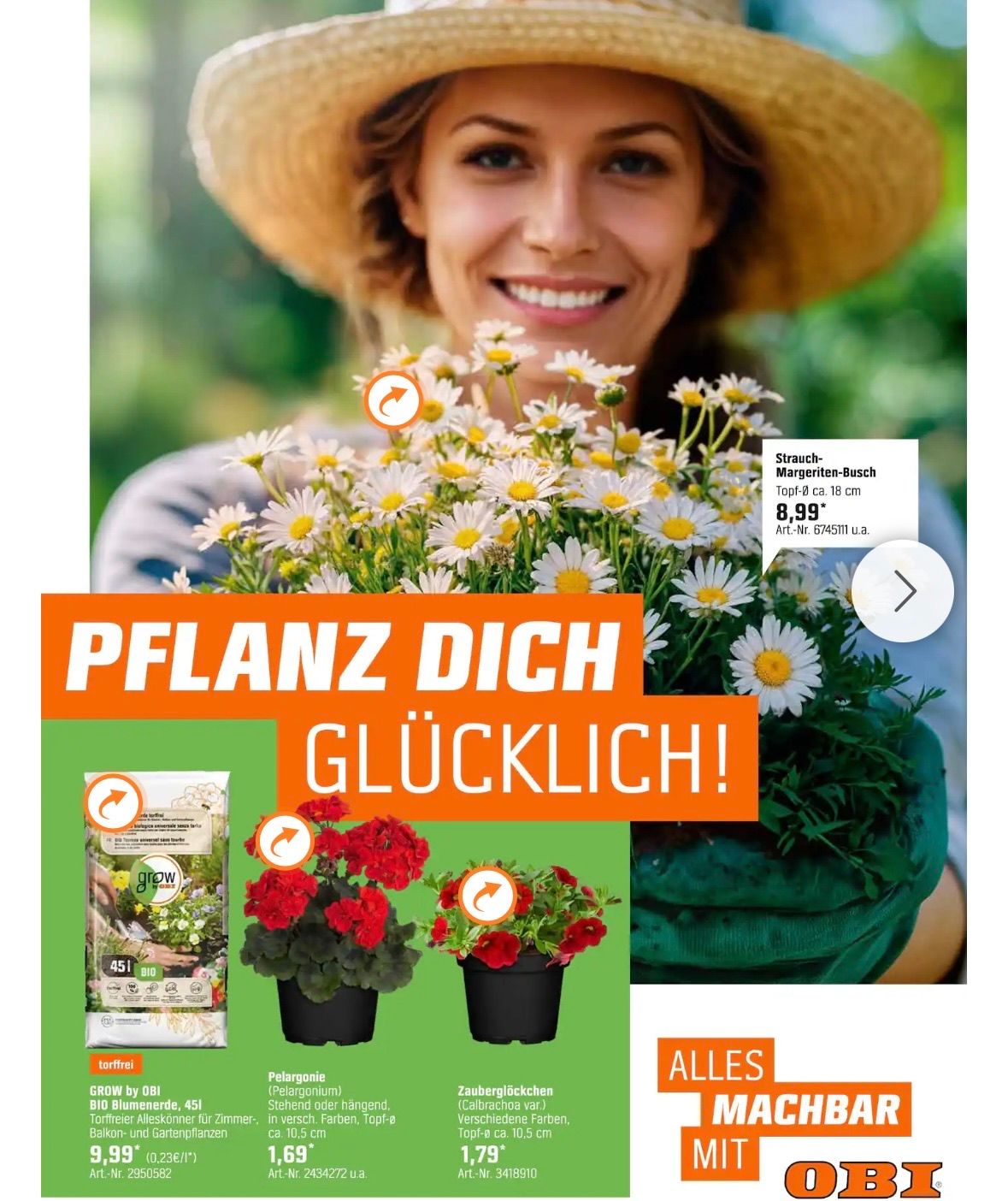 Eine lächelnde Frau mit Hut hält einen Strauß Gänseblümchen. Ein Werbeprospekt für Gartenprodukte mit dem Slogan 'Pflanz dich glücklich!' und dem Preis von 8,99 Euro.