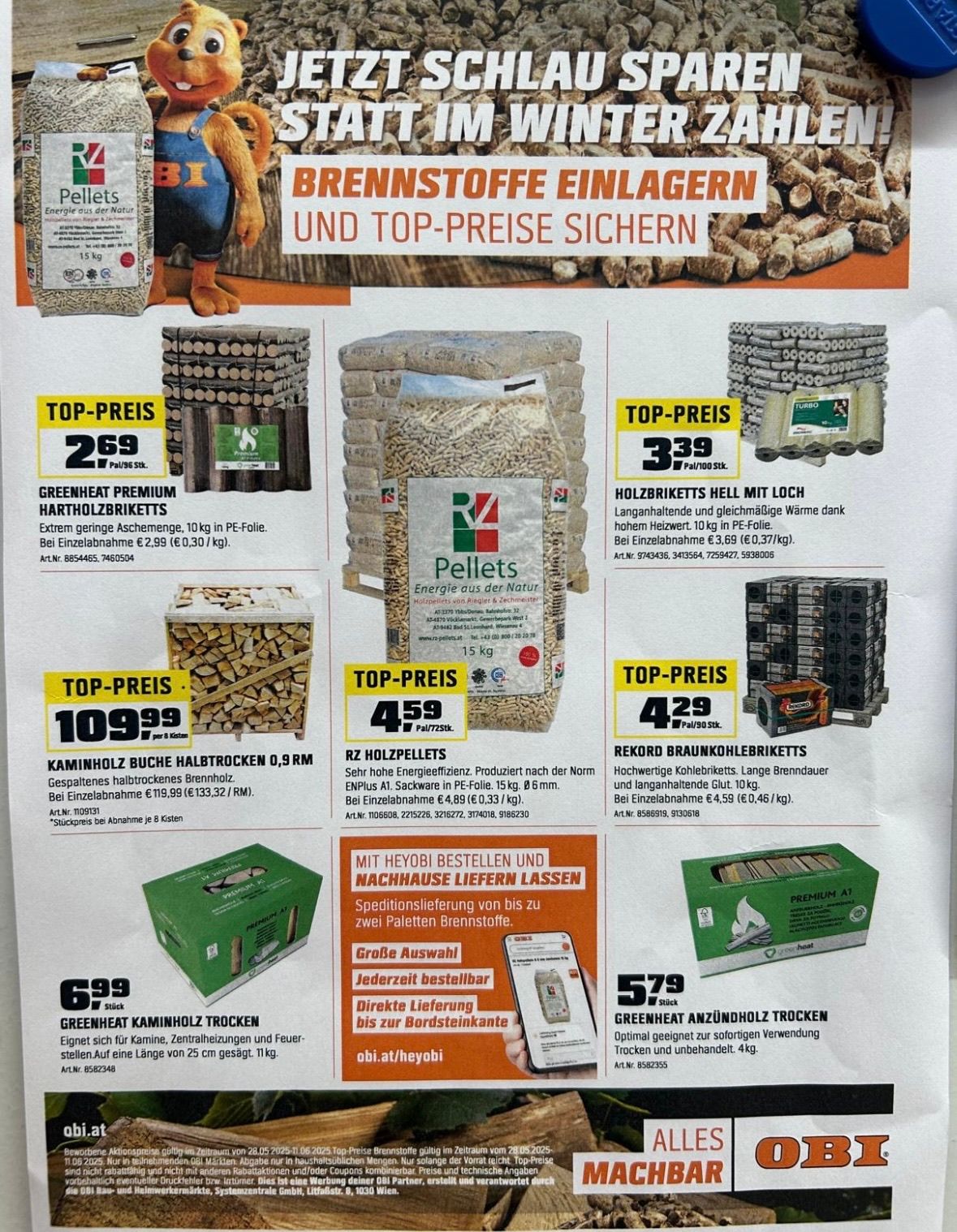 Werbung für verschiedene Heizmaterialien. Beinhaltet Top-Preise für Holzpellets, Briketts und Brennholz. Zeigt Preisschilder, Produktbeschreibungen und Lieferinformationen. Die Werbung betont niedrige Preise und Lieferoptionen.