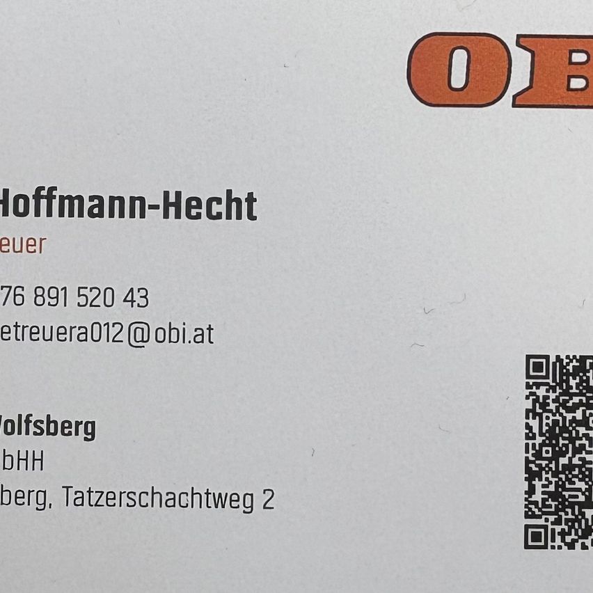Visitenkarte für Hoffmann-Hecht. Kontaktdaten sind die Telefonnummer 76 891 520 43 und E-Mail etreurea012@obi.at. Adresse lautet Wolfsberg, Tatzerschachtweg 2. QR-Code vorhanden.
