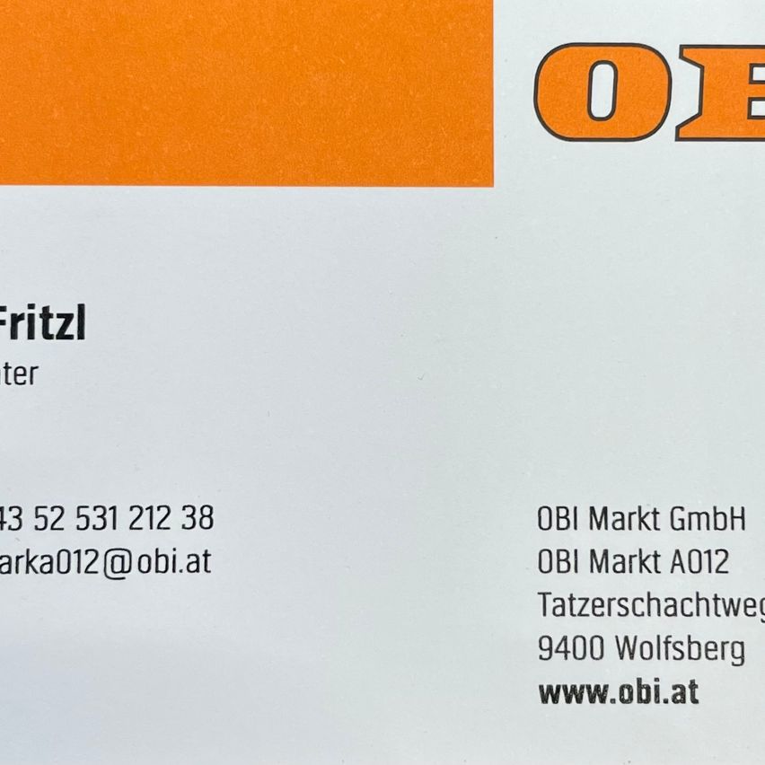 OBI Fritzl, Kontaktnummer 43 52 531 212 38, E-Mail ark012@obi.at, OBI Markt GmbH, OBI Markt A012, Tatzerschachtweg, 9400 Wolfsberg, Webseite www.obi.at.
