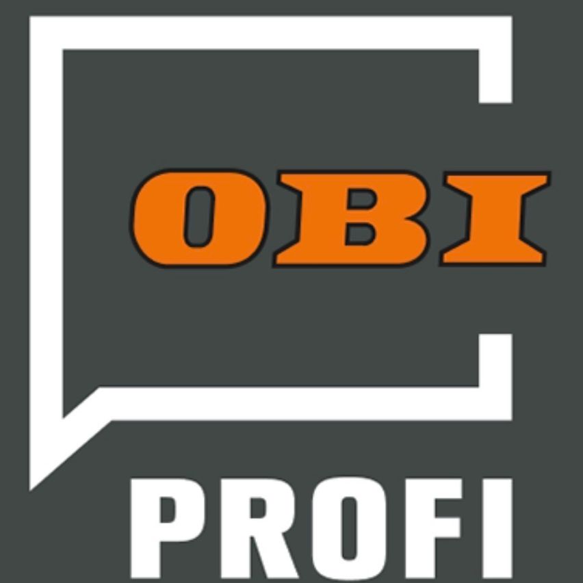 Das Bild zeigt ein Logo mit dem Text 'OBI PROFI' in Orange und Weiß auf grauem Hintergrund. Das Wort 'OBI' ist schief, während 'PROFI' in fetten weißen Buchstaben geschrieben ist. Das Logo ist von einem weißen Rahmen umgeben.