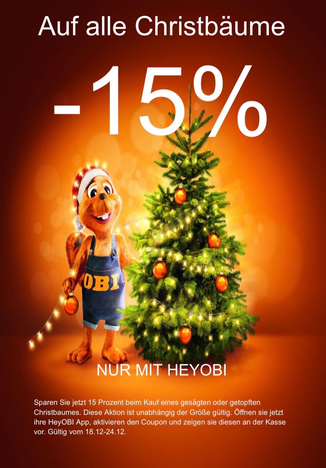 Eine Zeichentrickfigur in einem blauen Overall und einer Weihnachtsmütze steht neben einem geschmückten Weihnachtsbaum. Darüber steht -15%. Darunter steht Nur mit Heyobi.