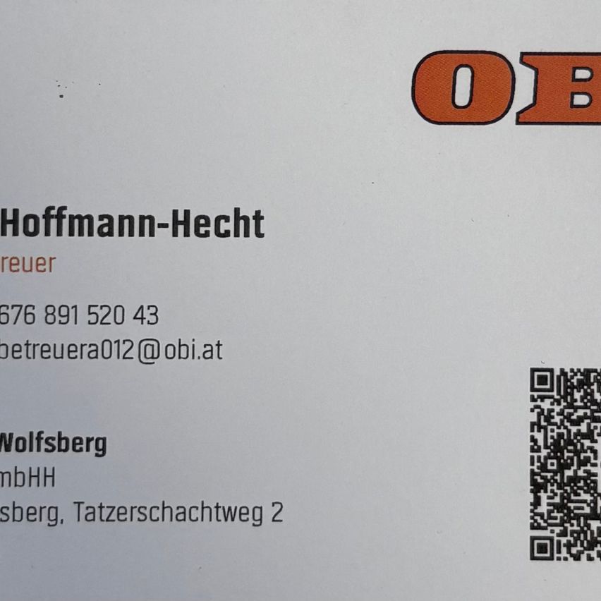 Ein Visitenkarte für Hoffmann-Hecht mit Telefonnummer, E-Mail und Adresse. QR-Code unten.