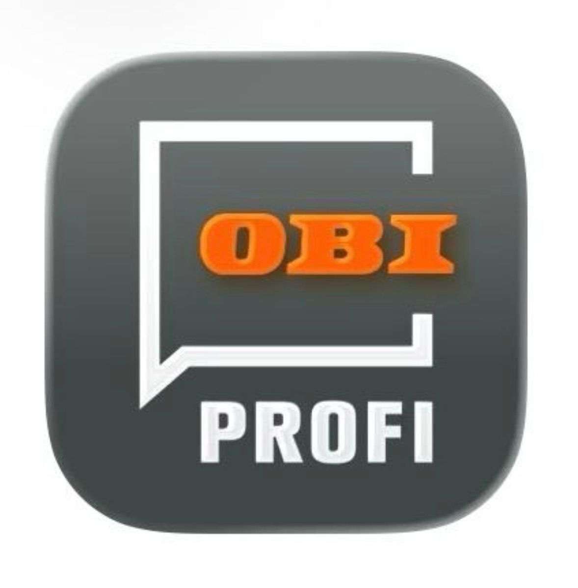 Das Bild zeigt ein quadratisches Symbol mit grauem Hintergrund und weißen Rändern. Der Text 'OBI' ist in Orange und Weiß innerhalb einer sprachblasenähnlichen Form dargestellt. Darunter steht 'PROFI' in Weiß.