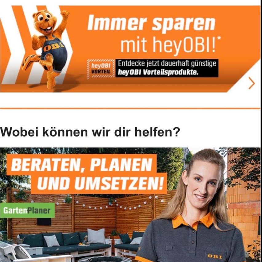 Eine Werbung mit einem Cartoon-Bären und dem Text 'Immer sparen mit heyOBI!'. Darunter lächelt eine Frau und fragt, womit sie Ihnen helfen können. Das Unternehmen verspricht, zu beraten, zu planen und umzusetzen.