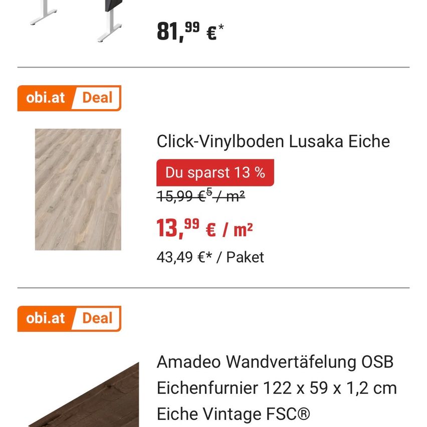 An advertisement for Obi.at deals featuring a discounted price of 13.99 euros per square meter for Click-Vinylboden Lusaka Eiche flooring, with a savings of 13%.