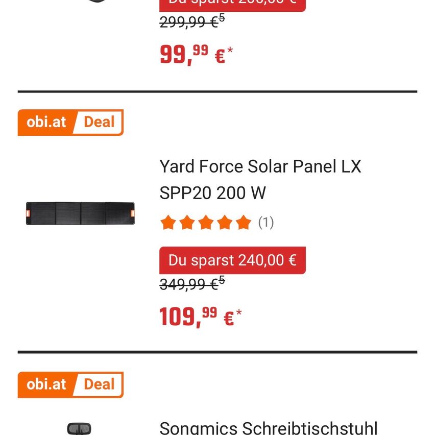 An advertisement for a Yard Force Solar Panel LX SPP20 200 W with a price of 109.99 euros and a savings of 240.00 euros.