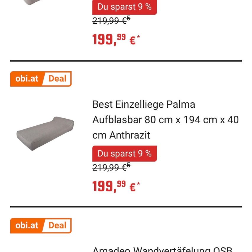 An advertisement for a Best Einzelliege Palma inflatable bed with a discount of 9% and a price of 199.99 euros. The bed is 80 cm x 194 cm x 40 cm in size and is anthracite in color.