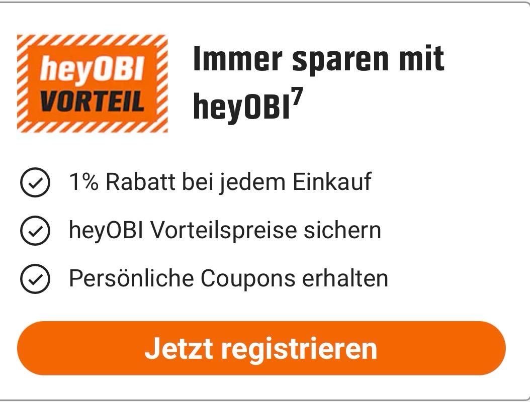 Eine Werbung für heyOBI, eine Plattform, die 1% Rabatt auf jeden Einkauf anbietet. Es hebt die Vorteile der Registrierung für persönliche Gutscheine hervor. Das Logo zeigt ein kräftiges orange-weißes Design.