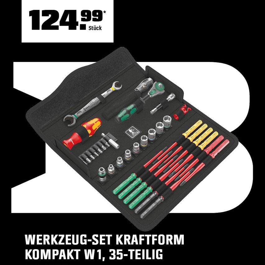 Ein kompaktes Werkzeugset mit 35 Teilen, einschließlich Schraubenschlüssel, Schraubendreher und Muttern, ordentlich in einem schwarzen Gehäuse organisiert. Preis 124,99.
