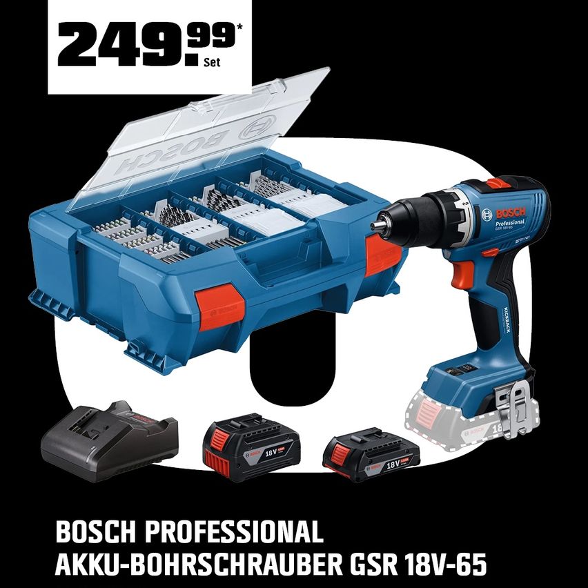 Ein Werbebild für einen Bosch Professional Akku-Bohrschrauber GSR 18V-65, das die Bohrmaschine, ihre Zubehörteile und eine Aufbewahrungsbox vor schwarzem Hintergrund zeigt.