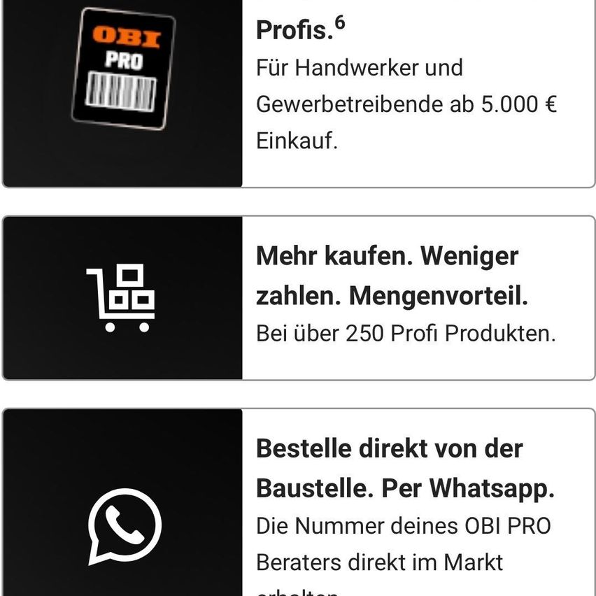 Eine Werbung für OBI PRO, eine professionelle Werkzeugmarke, die Rabatte für Einkäufe über 5.000 Euro und Mengenrabatte auf über 250 Profi-Produkte hervorhebt. Es wird auch das direkte Bestellen vom Markt per WhatsApp beworben.