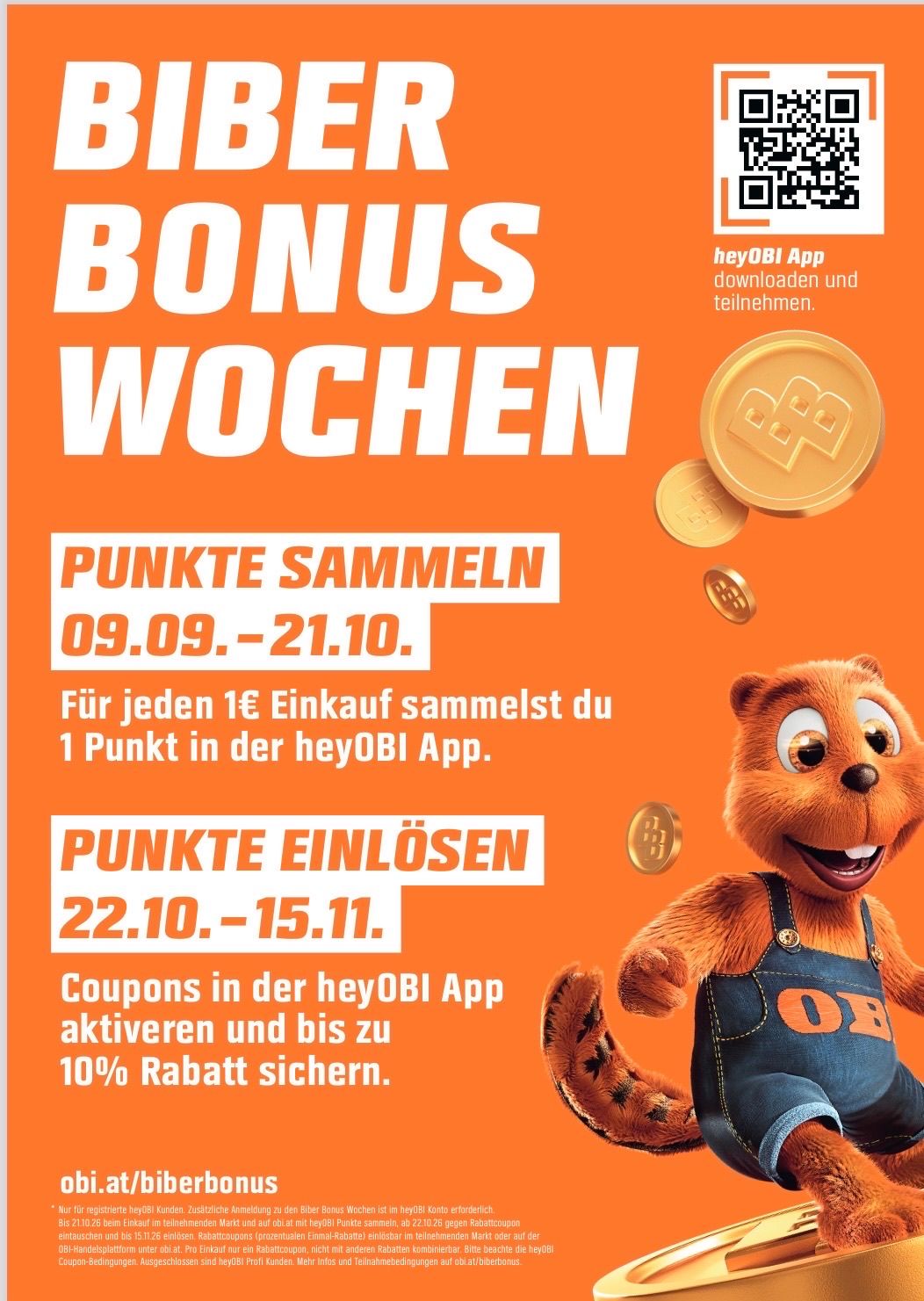 Werbeplakat für Bonus Wochen mit einem Cartoon-Bären, goldenen Münzen und einem QR-Code. Die Aktion läuft vom 9. September bis 21. Oktober, wobei für jeden 1€ Einkaufswert ein Punkt in der heyOBI App gesammelt wird. Die Punkte können vom 22. Oktober bis 15. November eingelöst werden.