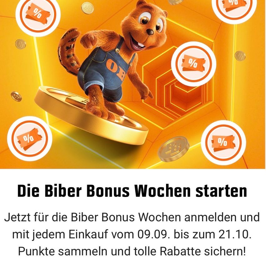 Eine Cartoonfigur in Jeansoveralls steht mit fröhlicher Miene auf einer goldenen Münze. Der Hintergrund zeigt Sechsecke und Prozentzeichen. Unten lädt ein Text zur Anmeldung für die Biber Bonus Wochen ein.