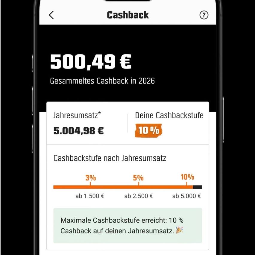 Ein Handybildschirm, der eine Cashback-App mit insgesamt 500,49 Euro gesammeltem Cashback für 2026 zeigt. Es zeigt auch den jährlichen Steuersatz von 5.004,98 Euro, Cashback-Level von 3%, 5% und 10% für Ausgabenbereiche unter 1.500 Euro, zwischen 1.500 und 2.500 Euro und über 5.000 Euro.