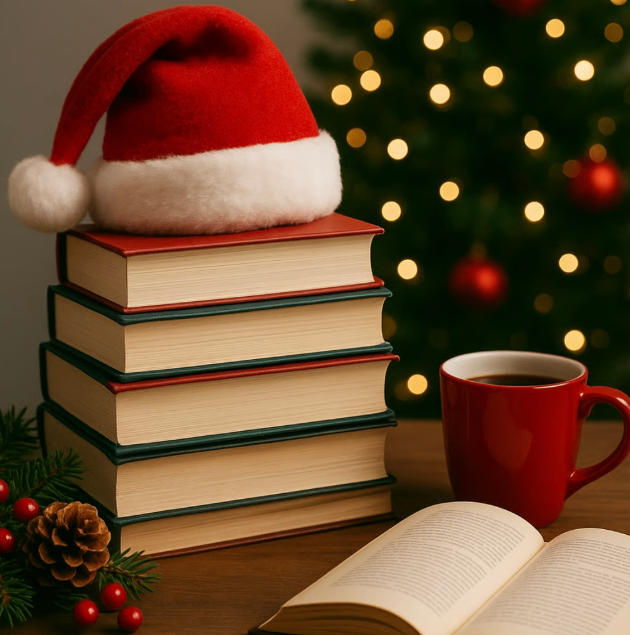 Ein Stapel Bücher mit einem Weihnachtsmannhut obenauf, ein offenes Buch und eine rote Kaffeetasse auf einem Holztisch, mit einem Weihnachtsbaum im Hintergrund.