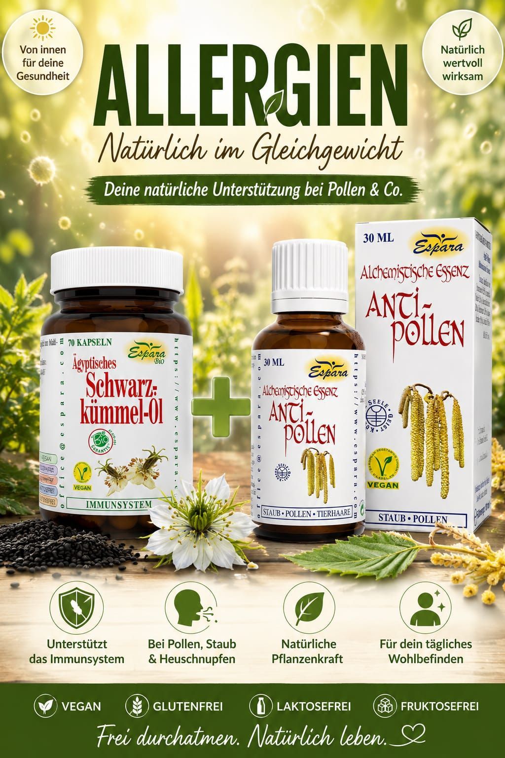 Zwei Flaschen pflanzlicher Nahrungsergänzungsmittel und eine Schachtel mit der Aufschrift 'Anti-Pollen' und einem Pluszeichen. Eine Flasche hat 'Schwarz-Kümmel-Öl', die andere hat 'Immunsystem'. Die Schachtel enthält eine 30 ml Flasche mit 'Staub-Pollen-Tierhaare'.