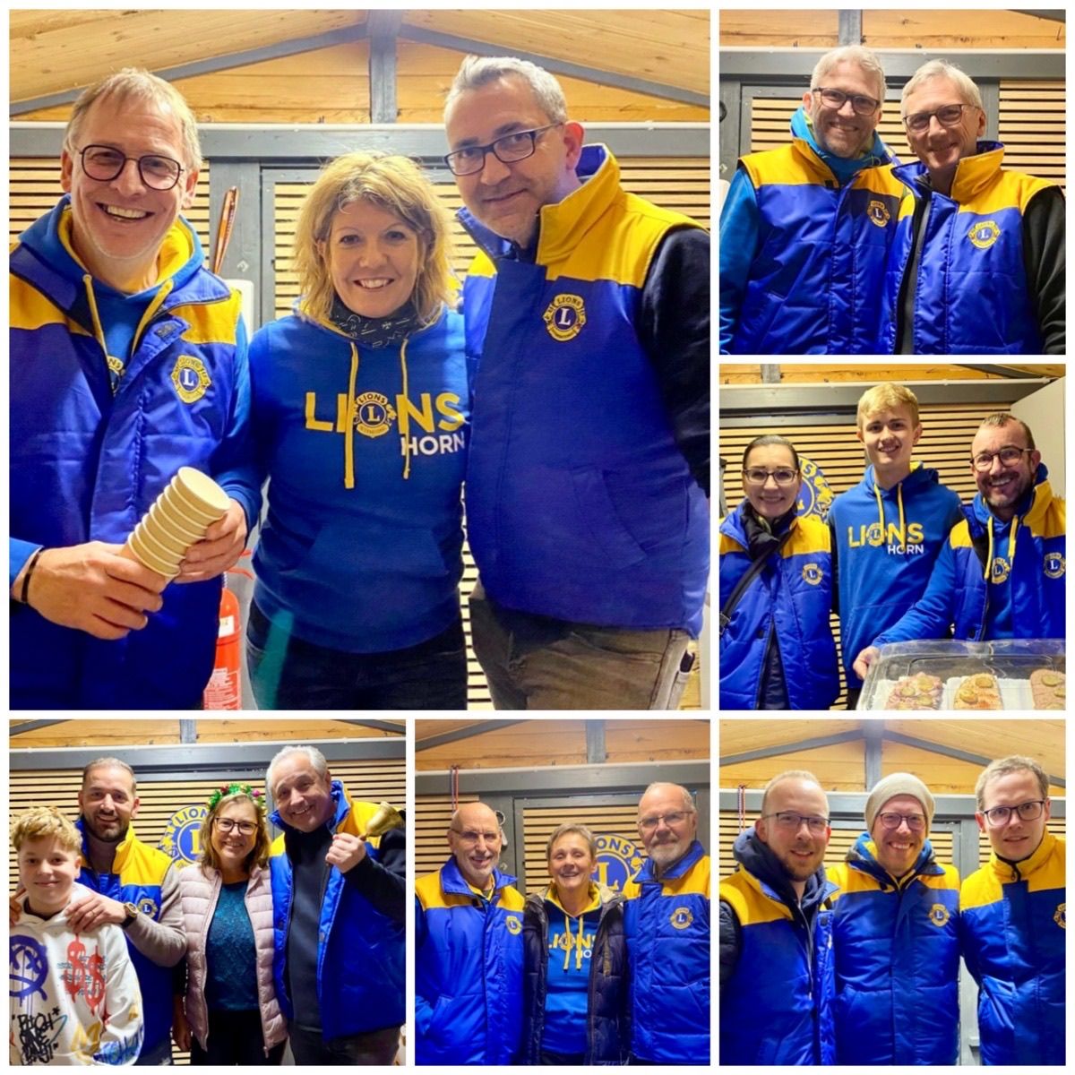 Ein Fotocollage zeigt Mitglieder des Lions Clubs, gekleidet in blauen und gelben Jacken, die für die Kamera posieren und lächeln.