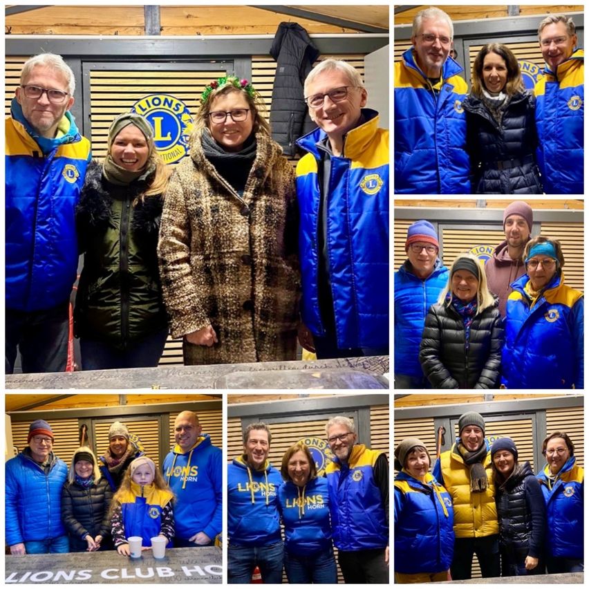 Ein Collage von lächelnden Lions Club-Mitgliedern, sowohl Männer als auch Frauen, gekleidet in passenden blauen und gelben Jacken. Sie posieren für Fotos in einer Reihe verschiedener Umgebungen, einige drinnen und einige draußen.