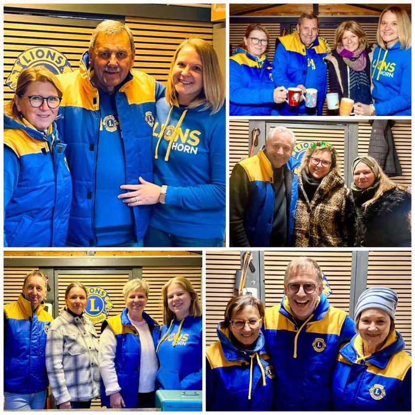 Ein Fotocollage zeigt eine Gruppe von Menschen in passenden blauen und gelben Jacken, die lächeln und Tassen halten. Das Wort 'LIONS' ist auf ihren Jacken zu sehen. Sie scheinen für ein Foto zu posieren.