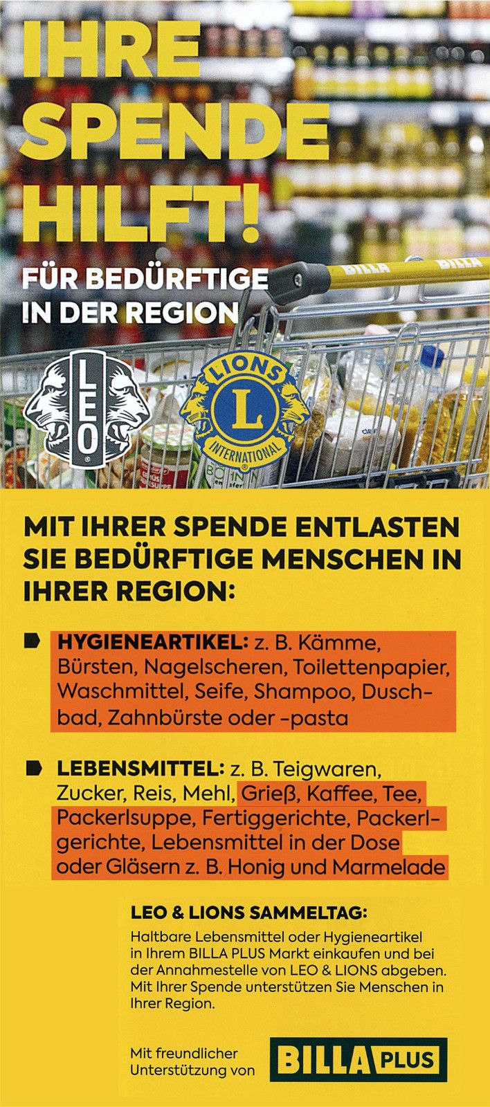 Ein Werbeplakat mit dem Lions International-Logo zeigt einen gefüllten Einkaufswagen. Es ermutigt zu Spenden, um Menschen in der Region zu helfen. Artikel umfassen Hygieneprodukte und Lebensmittel wie Tücher, Seife und Getreide.