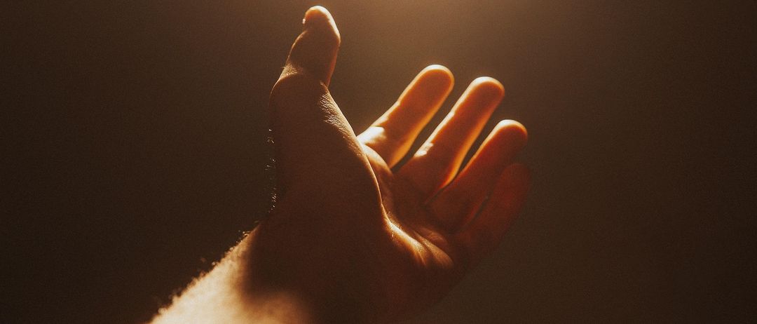 Eine Hand wird erhoben, wobei Licht darauf scheint und Schatten auf der Hand und dem Handgelenk wirft.