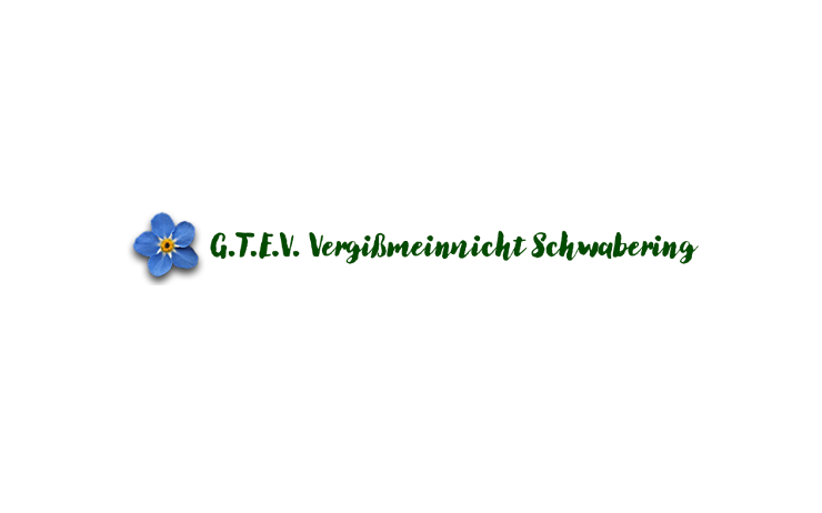 Das Bild zeigt eine blaue Blume mit grünem Text, der G.T.E.V. Vergibmenicht Schwagering lautet.