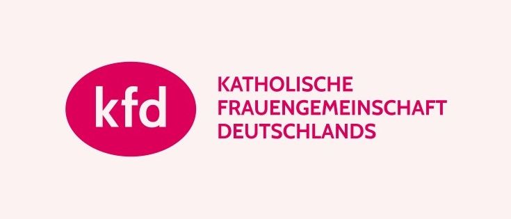 Das Logo der Katholischen Frauengemeinschaft Deutschlands zeigt einen rosa Kreis mit den Buchstaben 'kfd' in Weiß auf weißem Hintergrund. Der Text 'KATHOLISCHE FRAUENGEMEINSCHAFT DEUTSCHLANDS' ist in Rosa geschrieben.