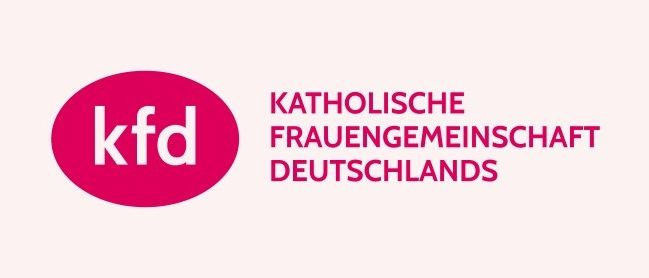 Das Logo der Katholischen Frauengemeinschaft Deutschlands zeigt einen rosa Kreis mit den Buchstaben 'kfd' in Weiß auf einem hellrosa Hintergrund. Darunter steht in fetter rosa Schrift 'Katholische Frauengemeinschaft Deutschlands.'