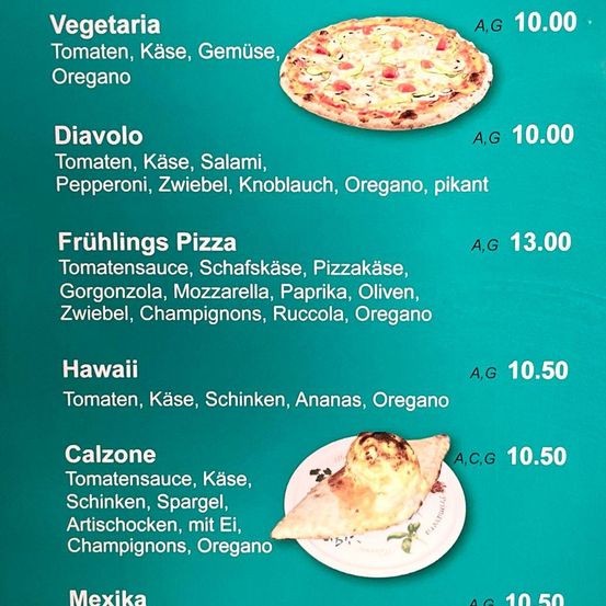 Bild enthält, Menu, Text, Food, Pizza, Plate