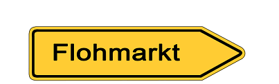 Gelbes Schild mit dem Text 'Flohmarkt' und einem schwarzen Pfeil nach rechts.