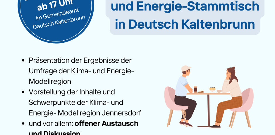 Einladung zum 1. Klima- und Energie-Stammtisch in Deutsch Kaltenbrunn. Die Veranstaltung beinhaltet eine Präsentation der Ergebnisse der Klima- und Energie-Modellregion, Diskussion ihrer Inhalte und Schwerpunkte sowie einen offenen Austausch. Datum und Uhrzeit: 21. Oktober ab 17 Uhr.