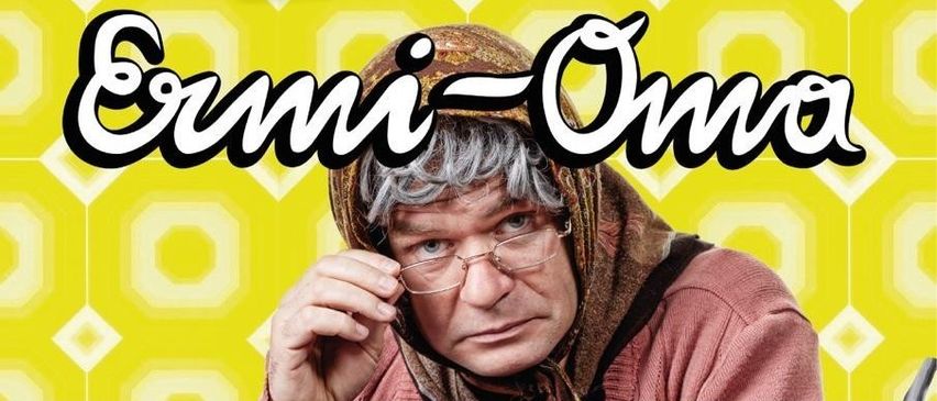 A person wearing glasses and a scarf, appearing to be an elderly woman, is on a yellow background with 'Ermini-Oma' written above her.