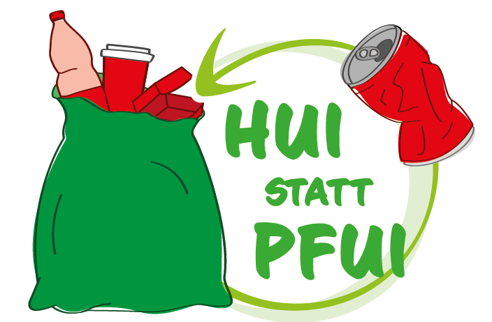 Ein grüner Sack mit verschiedenen Müllgegenständen wie Plastikflaschen, Dosen und einem Becher darin, mit einem Recyclingsymbol an der Seite.