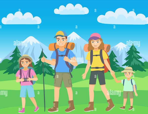 Fünf Personen, darunter zwei Erwachsene und drei Kinder, wandern auf einer Wiese. Sie tragen Rucksäcke und halten Händchen. Im Hintergrund befinden sich Bäume und Berge.