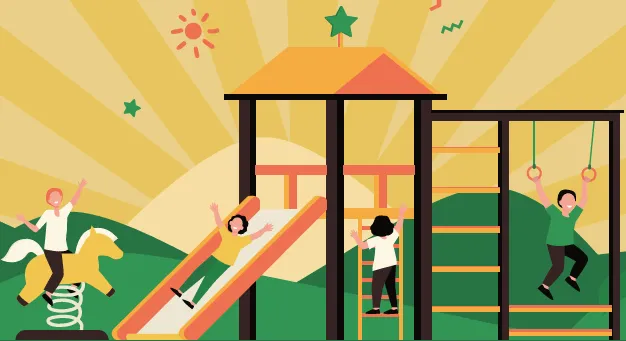 Ein Spielplatz im Freien mit Rutsche, Schaukeln und einer Kletterleiter. Kinder spielen auf einer Wippe, einem Pferd und erklimmen die Leiter.