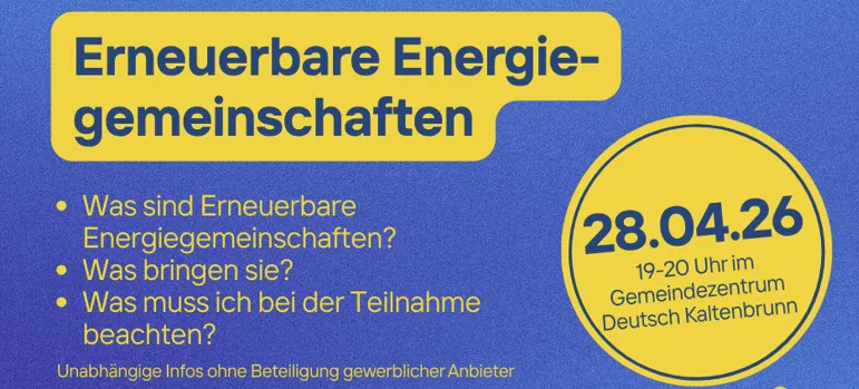 Blauer Hintergrund-Plakat über erneuerbare Energiegemeinschaften. Es enthält drei Fragen: Was sind erneuerbare Energiegemeinschaften? Was bringen sie? Was muss ich bei der Teilnahme beachten? Das Datum 28.04.26 ist in einem gelben Kreis angezeigt.