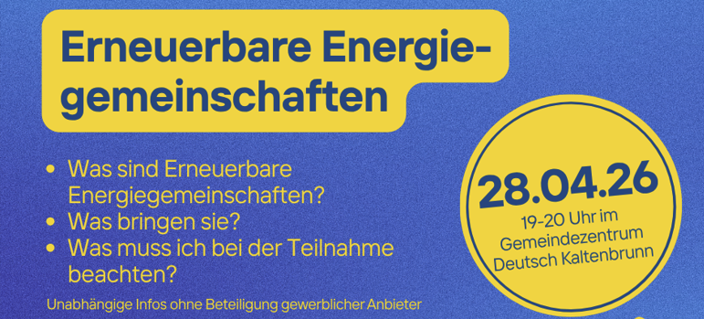 Blauer Hintergrund-Plakat über erneuerbare Energiegemeinschaften. Es enthält drei Fragen: Was sind erneuerbare Energiegemeinschaften? Was bringen sie? Was muss ich bei der Teilnahme beachten? Das Datum 28.04.26 ist in einem gelben Kreis angezeigt.