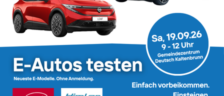 Ein Werbeplakat für eine Testfahrt-Veranstaltung von Elektroautos am 19.09.26 von 9-12 Uhr im Gemeindezentrum Deutsch Kaltenbrunn. Es zeigt zwei Elektroautos, einen roten Nissan Leaf und einen blauen BYD Seal, mit Logos verschiedener Organisationen.