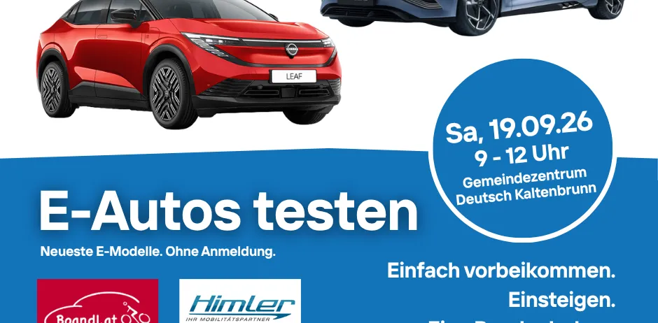 Ein Werbeplakat für eine Testfahrt-Veranstaltung von Elektroautos am 19.09.26 von 9-12 Uhr im Gemeindezentrum Deutsch Kaltenbrunn. Es zeigt zwei Elektroautos, einen roten Nissan Leaf und einen blauen BYD Seal, mit Logos verschiedener Organisationen.