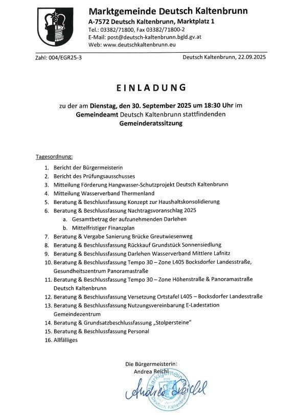 Einladung zur Gemeinderatssitzung von Deutsch Kaltenbrunn am Dienstag, den 30. September 2025 um 18:30 Uhr. Die Tagesordnung umfasst Berichte, Haushaltspläne und verschiedene Gemeindevorschläge. Geschickt an Andrea Reichelt.