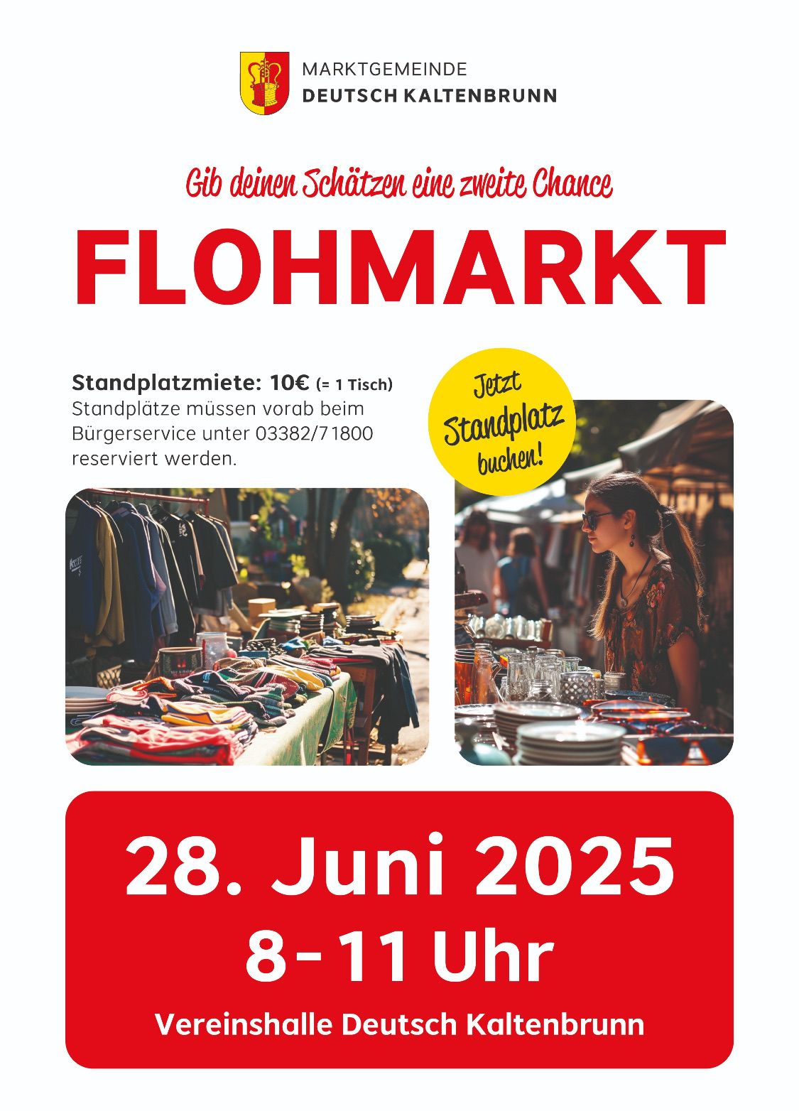 Flohmarkt-Flyer mit einem Bild eines Flohmarkts. Es zeigt eine Frau, die sich Artikel ansieht, mit einem Preis von 10 Euro pro Stand. Die Veranstaltung findet am 28. Juni 2025 von 8 bis 11 Uhr statt.