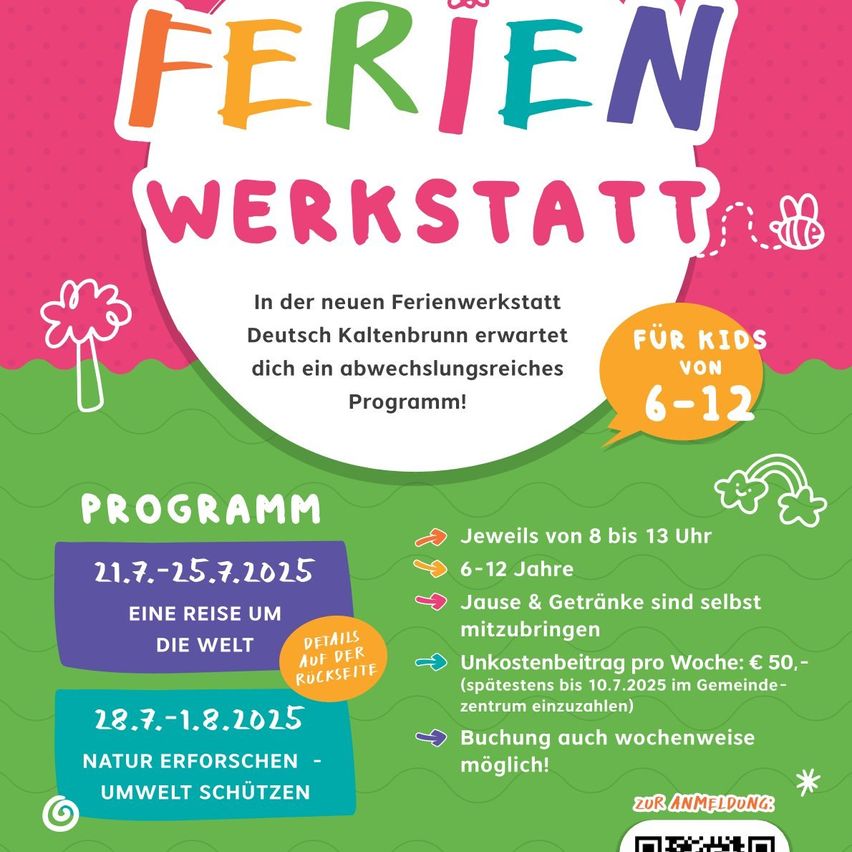 Ein Sommerworkshop für Kinder im Alter von 6-12 Jahren in Deutsch Kaltenbrunn verspricht ein vielfältiges Programm. Termine: 21.-25. Juli und 28. Juli-1. August 2025. Gebühr: 50 € pro Woche. Die Teilnehmer müssen ihre eigenen Snacks und Getränke mitbringen.