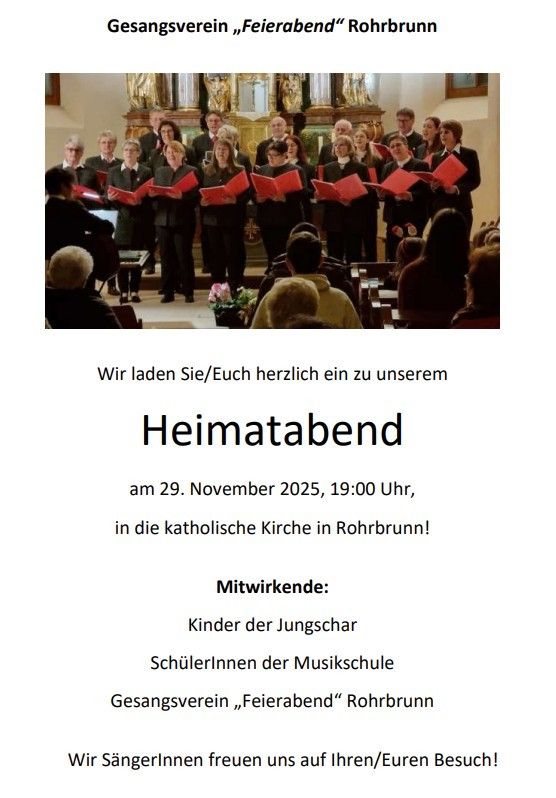 Einladung zum Heimatabend in der katholischen Kirche Rohrbrunn am 29. November 2025, 19:00 Uhr. Der Chor besteht aus Kindern, Schülern der Musikschule und Mitgliedern des Rohrbrunn-Chors.