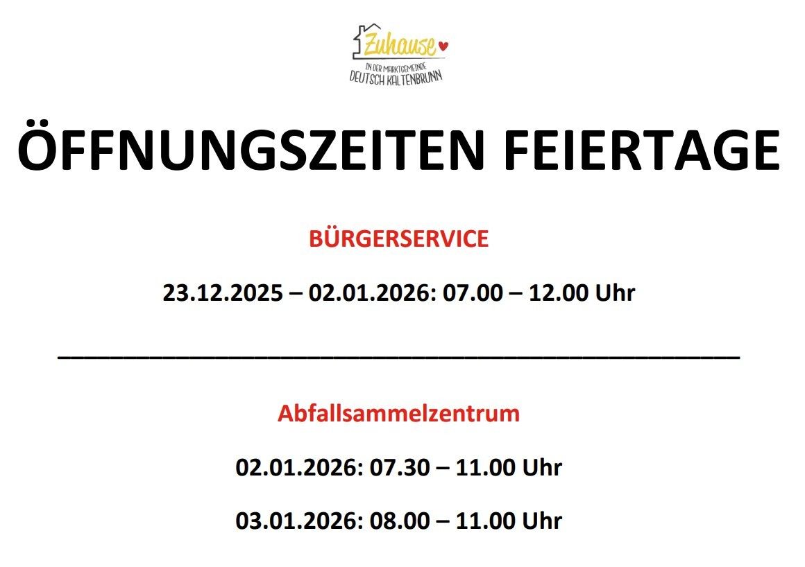 Das Zuhause-Logo kündigt Schließzeiten an. Burgerservice vom 23.12.2025 bis 02.01.2026, 07:00-12:00. Abfallsammelzentrum vom 02.01.2026, 07:30-11:00 und 03.01.2026, 08:00-11:00.