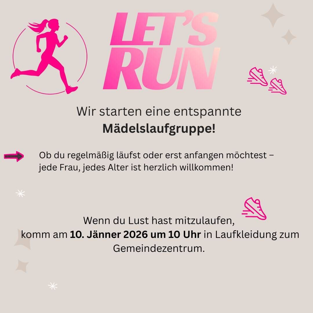 Anzeige für eine entspannte Mädchenlaufgruppe. Komm am 10. Januar 2026 um 10 Uhr im Laufoutfit zum Gemeindezentrum.