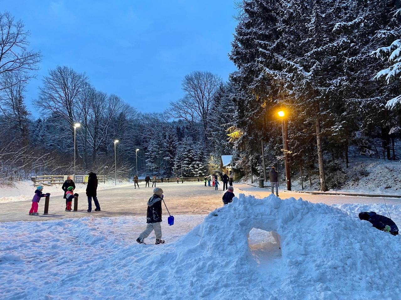 Eine Gruppe von Menschen ist draußen im Schnee, einige bauen eine Schneefestung. Bäume und Straßenlaternen sind sichtbar.