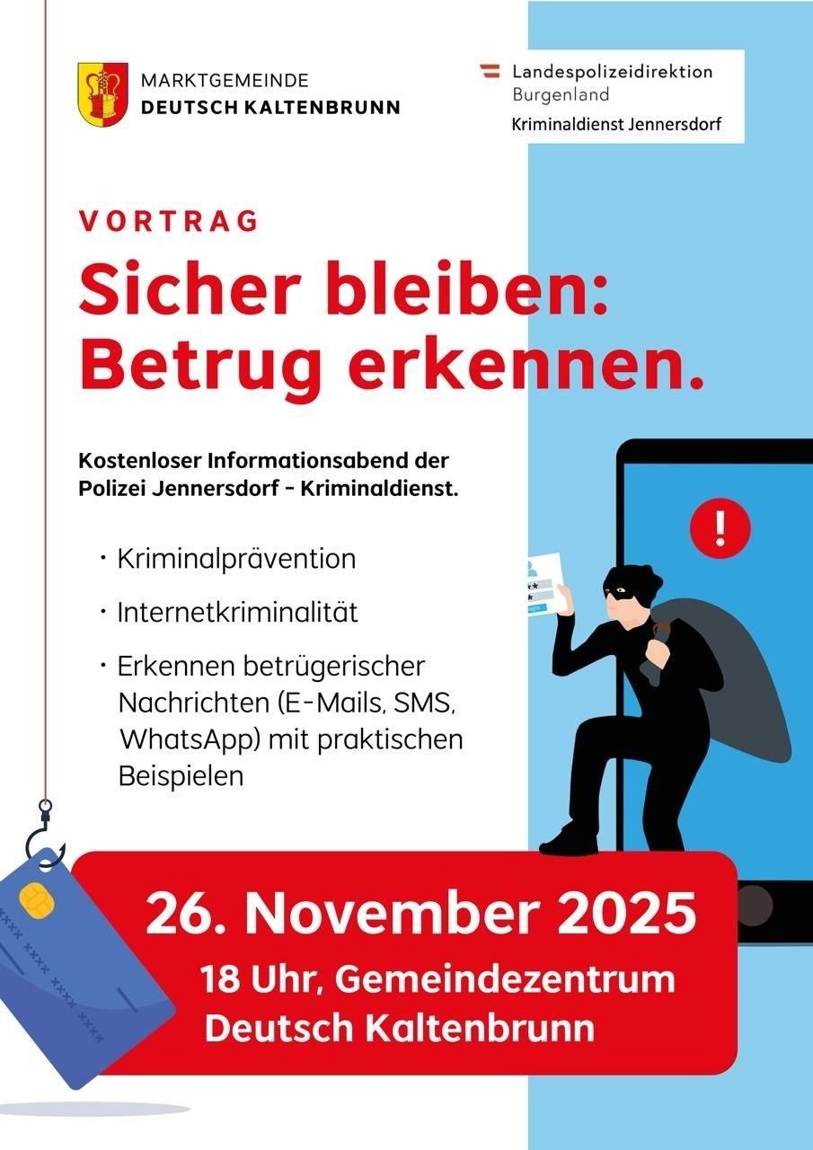 Ein Plakat für einen kostenlosen Polizei-Infoabend über Kriminalprävention und Internetkriminalität. Es beinhaltet das Erkennen von Betrugsnachrichten und praktische Beispiele. Datum: 26. November 2025, um 18 Uhr im Gemeindezentrum.