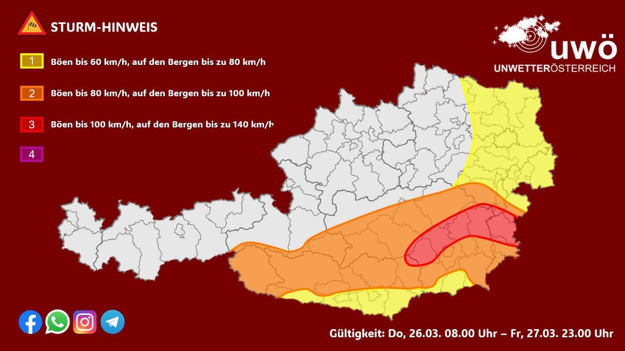 Karte von Österreich mit farbigen Bereichen, die Windgeschwindigkeitskategorien anzeigen. Roter Bereich zeigt Geschwindigkeiten bis zu 140 km/h an. Gültigkeitsdatum: Do, 26.03. 08:00 Uhr.